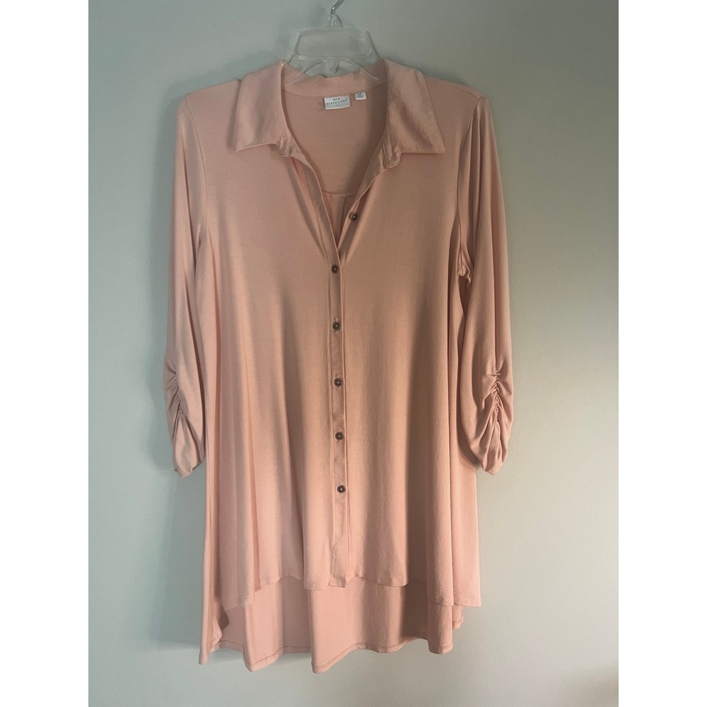 New Directions Pink Hi Low Cardigan Blouse Ruched Sleeve Tunic Medium